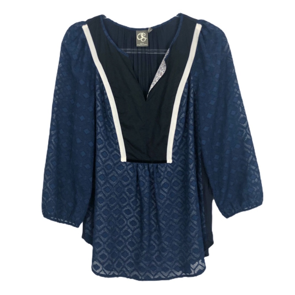 ANTHROPOLOGIE One September Peasant Top Blouse Navy Blue Shirt Black Small S
